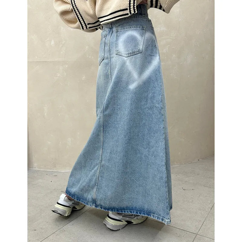 Vintage Denim High Waist Casual A-line Skirt Pants