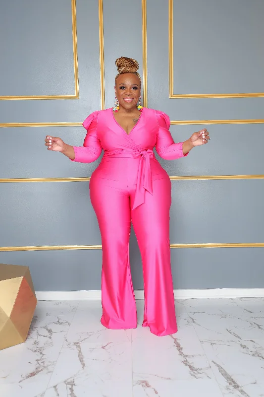 Hot Pink Draped Shoulder Jumpsuit