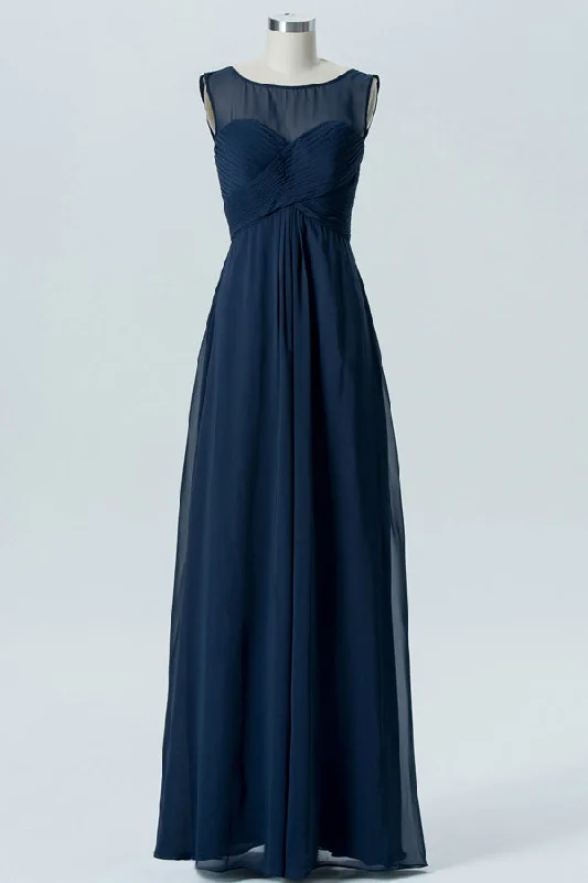 Chiffon Navy Blue Crew Neck Bridesmaid Dress