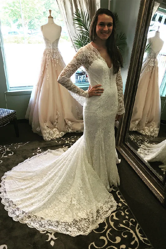 Mermaid Long Sleeves V-Neck Ivory Wedding Dress with Train