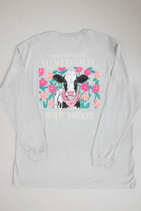 Simply Southern Plus Size Long Sleeve Flowers Cow T-Shirt for Women in White Water | EXT-LS-COW-WHITEWATER