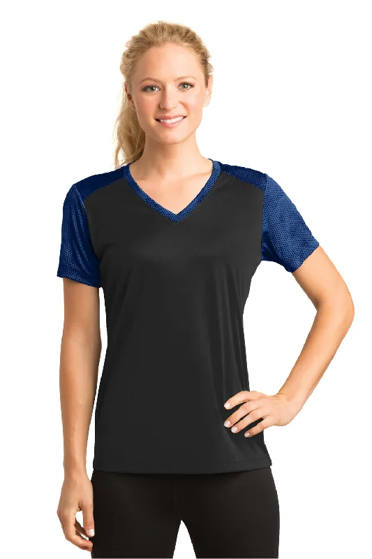 Sport-Tek Womens CamoHex Moisture Wicking Short Sleeve V-Neck T-Shirt - Black/True Royal Blue - Closeout