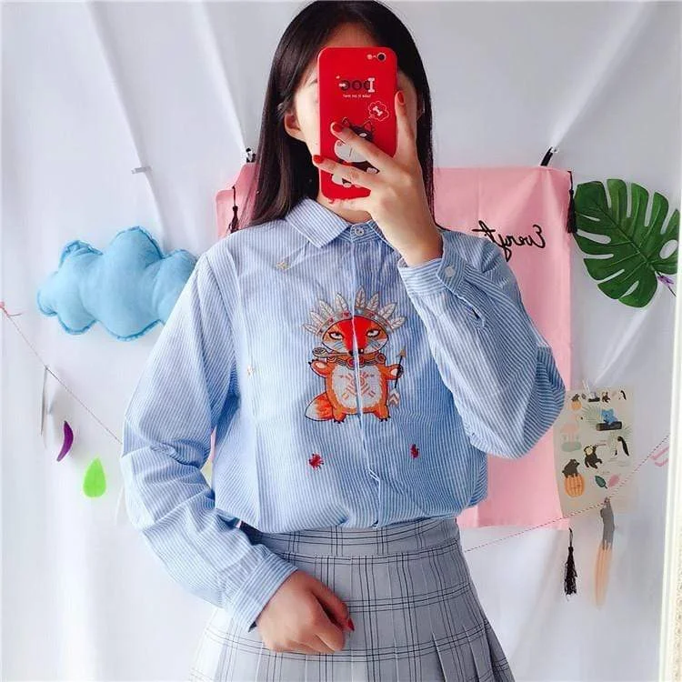 Women's Kawaii Big Fox And Bowknots Embroidered Shirts