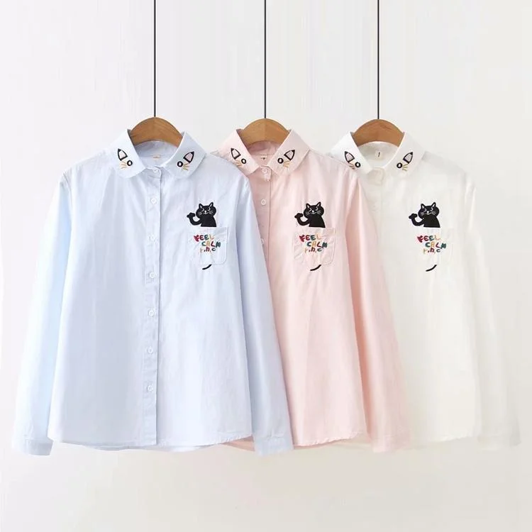 Women's Lovely Cat Face Embroidered Collar Loose Shirts